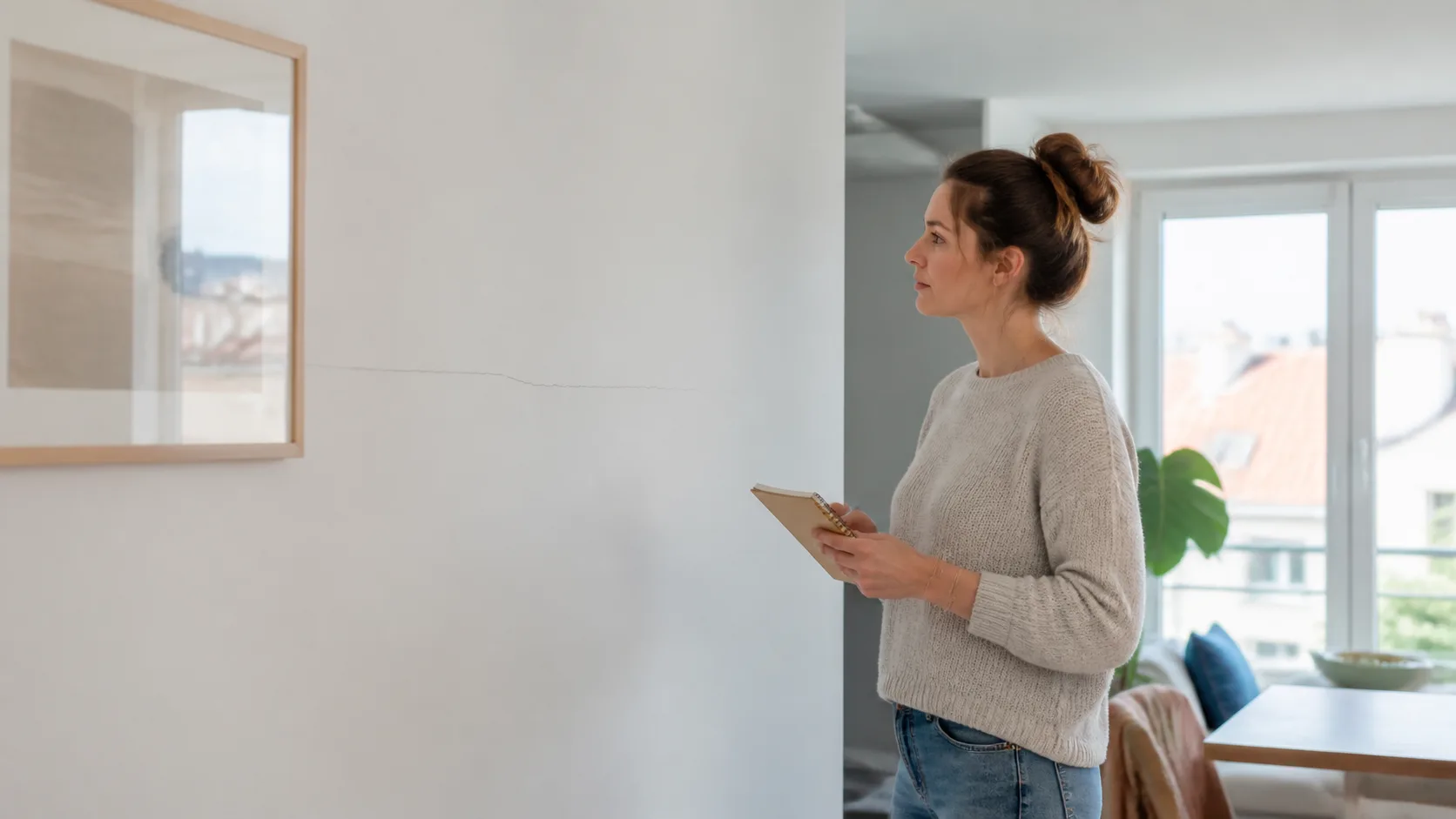 Résidente observant à distance une fissure sur un mur intérieur avec un carnet de notes