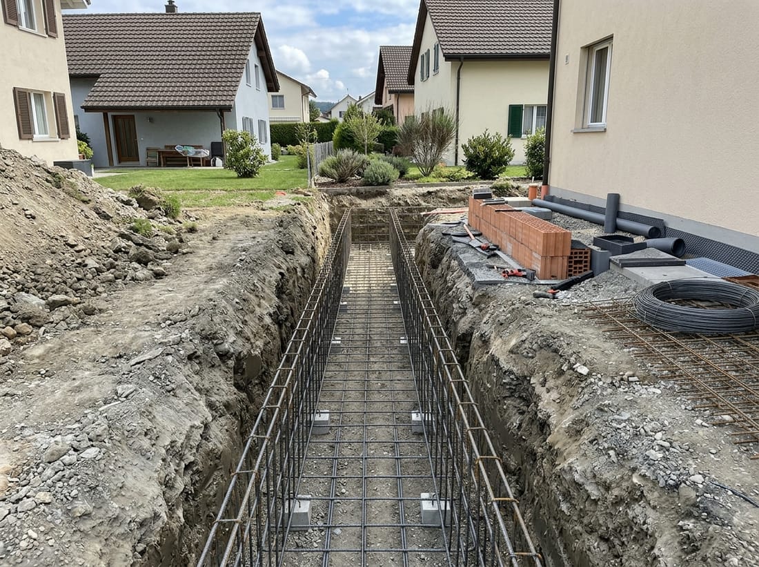 Exemple : semelle de fondation ferraillée avant coulage